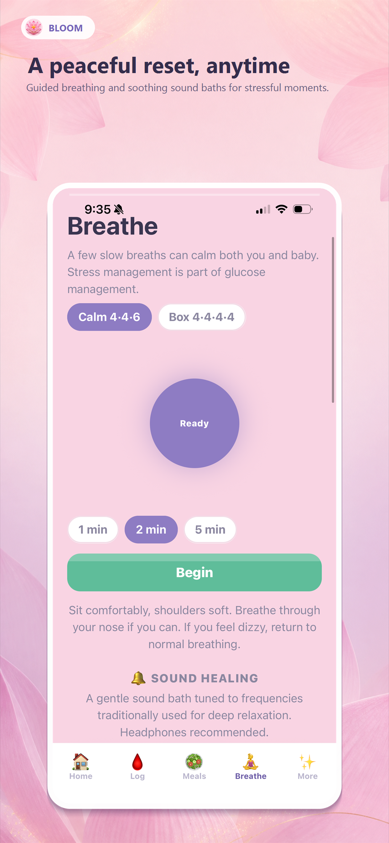 Bloom breathing screen with a guided breathing circle.