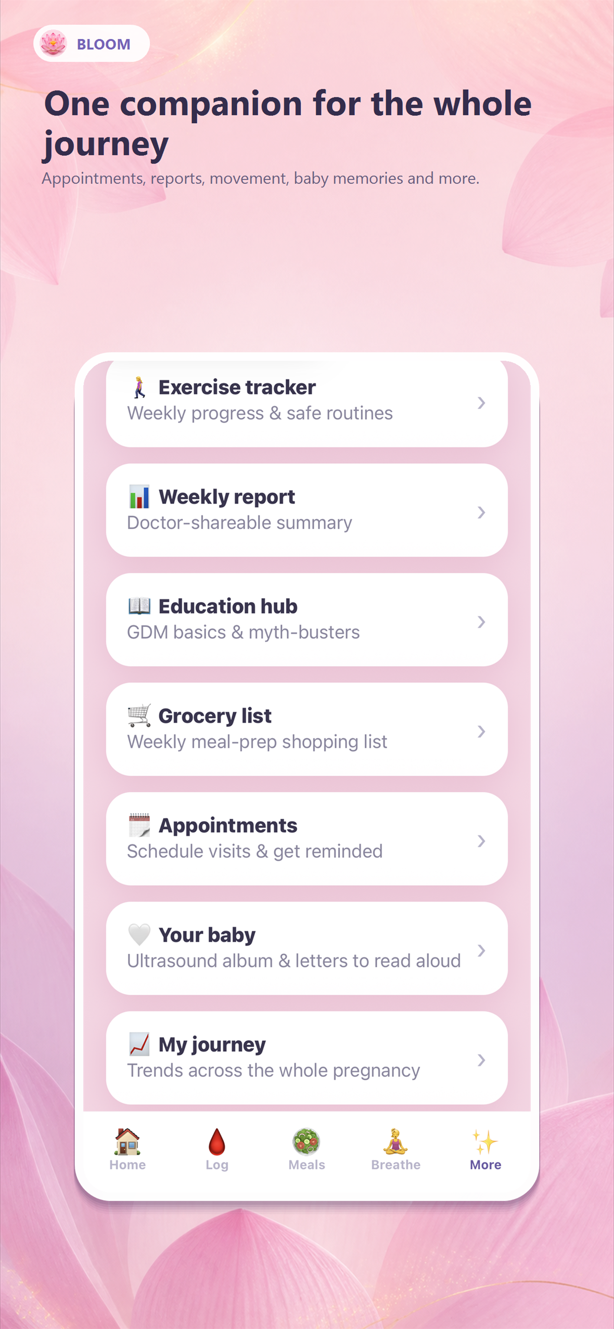 Bloom More screen showing pregnancy organization and support features.